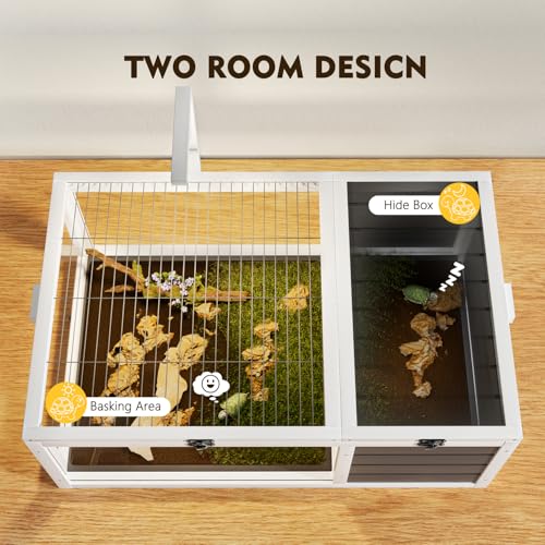 Wood Tortoise Habitat House Indoor with Lamp Holder ＆ Observation Window, Outdoor Tortoise Habitat Amphibians Reptile Cage with 2 Removable Waterproof Trays for Small Animals (Gray C)