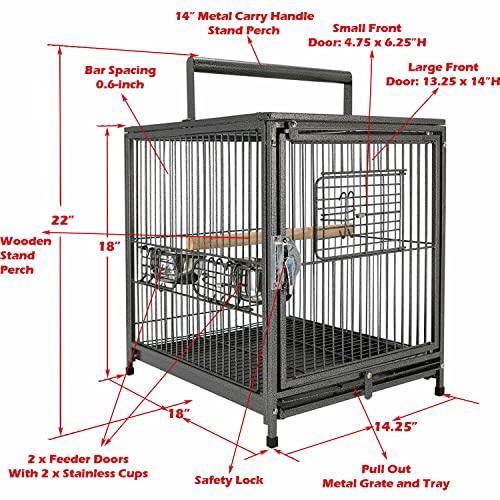 Portable Heavy Duty Travel Bird Parrot Carrier Cage Feeding Bowl Play Stand with Handle - color: Black, size: 18" x 14" x 22"H