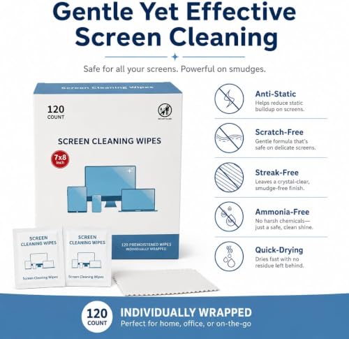 Screen Cleaning Wipes for Electronics,120 Count7"x8"Pre-Moistened Screen Cleaner Wipes with Microfiber Cloth, Individually Wrapped Laptop Computer Phone Tablet Monitor TV Car Screen Cleaning Wipes