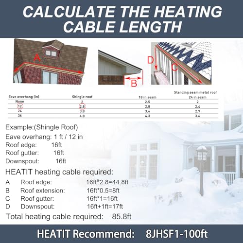 HEATIT 8JHSF1 Self Regulating Pre-Assembled Heating Cable with Spacer and Clips, Heat Tape for Roof Deicing and Pipe Freeze Protection,120V 8W/ft, 12FT - color: 8W/FT (KIT), style: 12FT
