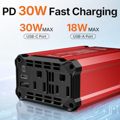 300W Car Power Inverter, DC 12V to 110V AC, PD30W QC18W 2 Outlets - color: Red-300W