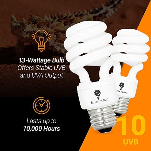 2 Pack 13-Watt Reptile Bulb Desert UVA UVB Light - 10.0 UVB Reptile Light - Compact Florescent Terrarium Bulb Suitable for Desert Reptiles Lizards Bearded Dragons Tortoises CFL UVB Bulb (13 Watt 10.0) - style: UVB 10-0
