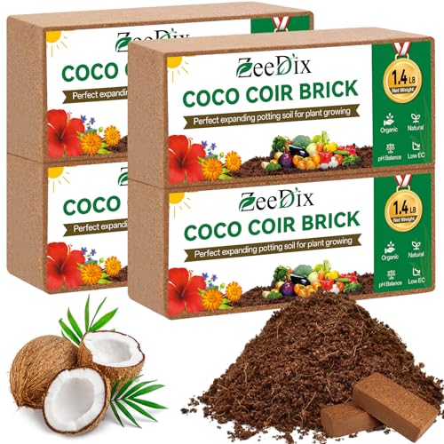 ZeeDix 4 Pcs Premium Coco Coir Brick - 100% Organic Compressed Coconut Coir Starting Mix, Coco Fiber with Low EC and PH Balance for Gardening, Potting Soil, Herbs - size: 4pcs