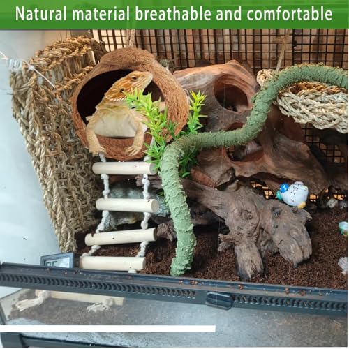 Crested Gecko Coconut Hide with Ladder Shell Natural,Reptile Coco Hut Cave Habitat with Suction Cup Terrarium Décor for Hermit Crab, Lizard, Leopard Gecko Snake Reptiles