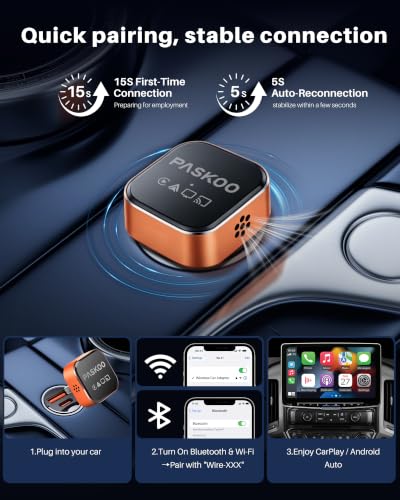 PASKOO 2026 Upgraded 4-in-1 Wireless CarPlay Adapter for iPhone & Android - size: 4IN1