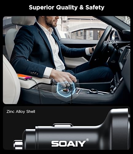 66W USB C Car Charger, [All Metal] 2PD + QC3.0 USB Car Cigarette Lighter USB Charger Adapter with RGB for Samsung Galaxy S23/22/21 iPhone iPad Pro Pixel Android Phones