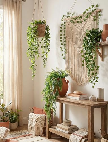 NiHome 8-Pack Artificial Hanging Plants, Fake Plant Hanger Indoor Outdoor Decor with 6 Ivy 1 Eucalyptus 1 Fork Fern Vines, Water-Resistant Faux Hanging Plant for Ceiling Wall Patio Garden Home Decor