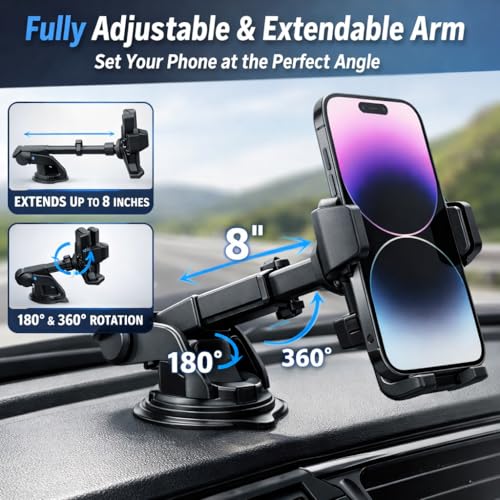 Adjustable & Extendable Car Phone Holder for Dashboard & Windshield, 360° Rotating One-Handed Universal Smartphone Mount with Strong Suction for Cars, Trucks & SUVs, Compatible with iPhone & Android