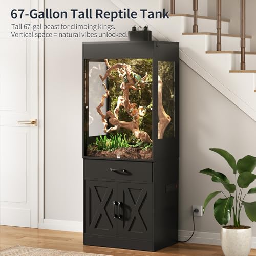 67 Gallon Reptile Tank with Stand,Reptile Enclosure with Cabinet for Lizards,Gecko,Skinks,Snakes,Reptile Terrarium with Power Outlet,Sliding Acrylic Doors,Bearded Dragon Tank Black CAGE001B - color: Black