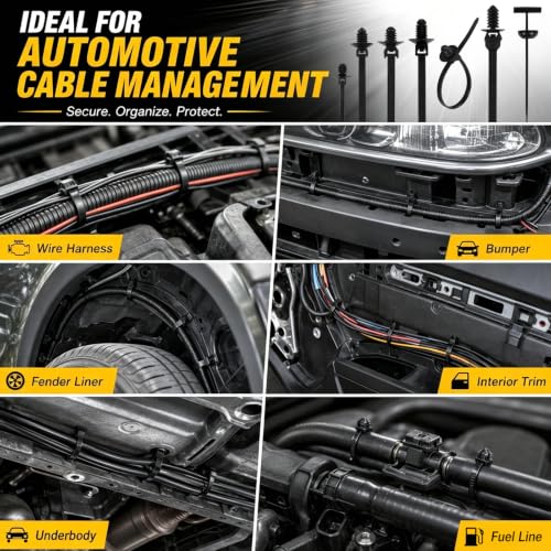70 PCS Push Mount Zip Ties, Flame Retardant PA66 Nylon Cable Ties, 6 Types Push Pin Zip Ties and 1 Type T-Head Tie, Automotive Wire Harness Clips, Christmas Tree Fasteners, Black