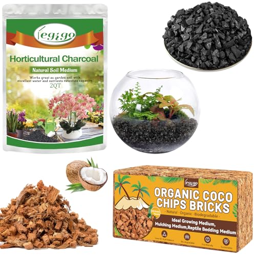 Legigo 2QT Horticultural Charcoal & 1.1 LB Coco Chips for Plants- Organic Coconut Coir Chips Brick and Hardwood Biochar Soil for Potting Mix and Indoor/Outdoor Gardening