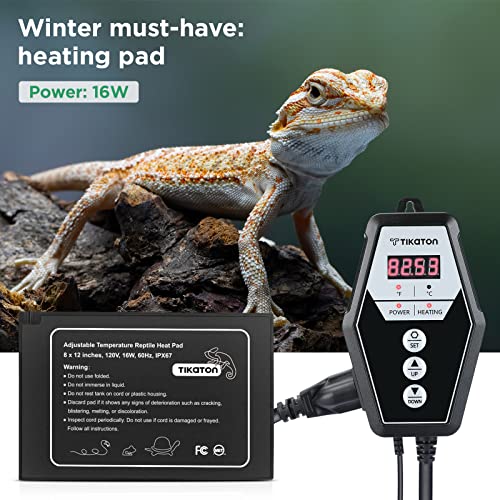 Tikaton Reptile Heating Pad and Digital Thermostat Combo Set, Under Tank Heater for 10-20gal/30-40gal Tank, Terrarium Heat Mat for Turtle/Snake/Lizard/Frog/Spider/Plant Box - size: 1 Pack-12" X 8"