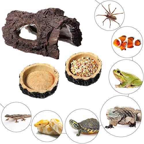 Reptile Hide & Food Bowls - Lizard Resin Hollow Tree Trunk Hideout, Bearded Dragon Tank Accessories - Water Dish Habitat Tank Decoration for Lizards, Snake, Gecko - 3 Pcs (Brown Rock)