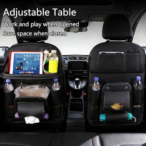 Universal Premium Leather Foldable Car Backseat Organizer with Table Tray, Car Seat Back Protector with Garbage Bag Touch Screen Pad Holder, Car Kick Mats with Tissue Box (Black) - color: Back