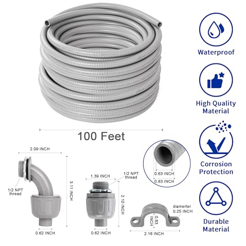 (1/2" Dia * 100 Feet) Yariwiz Flexible Electrical Conduit Liquid Tight PVC Conduit Kit with 5 PCS Coupling, 3 PCS Elbow and 10 PCS Strap, Sealtight Seal Flex Liquidtight Wire Outdoor Non Metallic Grey - style: 1/2"-100ft Kit-Grey