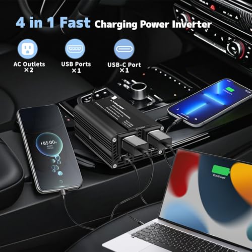 LVYUAN 500W Power Inverter for Vehicles DC 12V to 110V AC Car Plug Adapter Outlet Converter with PD 20W with USB Fast Charging Ports and 2 AC Outlets Car Charger Adapter