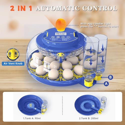 Incubators for Hatching Eggs, 18-Egg Incubator with Automatic Egg Turning and Humidity Control, Egg Candler, External Water Filling, Incubator for Chicken Eggs