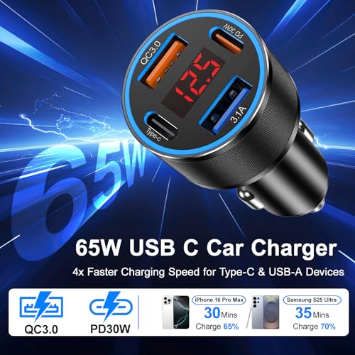 4-Port USB C Car Charger Fast Charging,2Pack 65W Car Phone Charger Adapter - color: Black