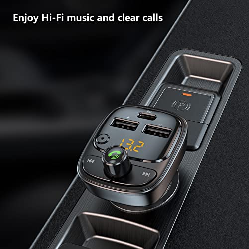 Bluetooth 5.3 FM Transmitter Car Adapter, Wireless Radio MP3 Player Stereo Music Audio Receiver Hands Free Calling, 42W (PD 30W & 12W) USB C Car Charger for iPhone, Support TF Card & USB Disk (Black)