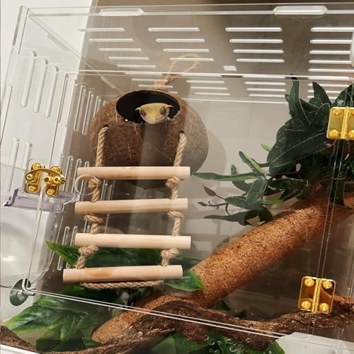 Crested Gecko Coconut Hide with Ladder Shell Natural,Reptile Coco Hut Cave Habitat with Suction Cup Terrarium Décor for Hermit Crab, Lizard, Leopard Gecko Snake Reptiles