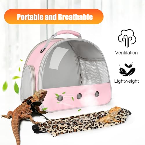 Portable Bearded Dragon Carrier with Leash and Harness Set, Beardie Carrier, Lizard Adjustable Harness with Leather Wings and Sling Bag, Reptile Small Pet Travel Cage - color: Pink