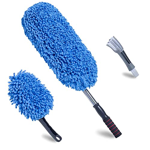 (3 Pack) Microfiber Car Duster Exterior Scratch Free, Extendable Handle Interior Multipurpose dust Cleaning Duster for car - color: Blue, size: Medium