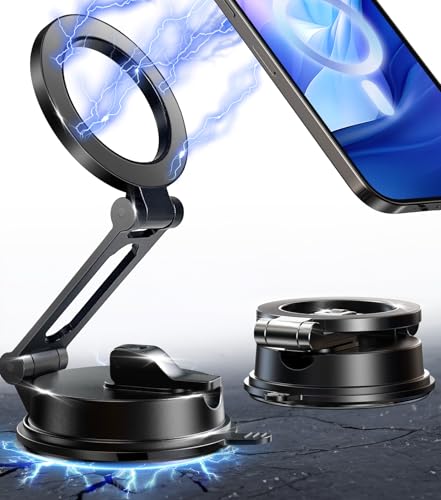 【Vacuum Suction Folding Car Mount】Magnetic Car Phone Holder for magsafe, Aerospace Alloy Arm, Best Dashboard/Windshield/Screen Holder for Your Car/Tesla/Gym/Mirror/Shower/Smooth Surface/iPhone - size: Windshield+Dash+Mag Safe