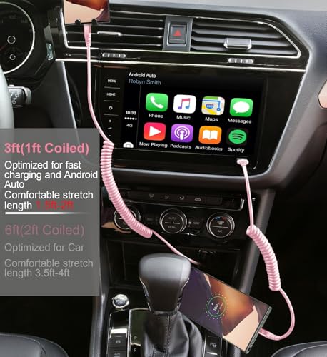 USB C Cable Fast Charging Cable [3FT+6FT] Coiled USBA to USBC Cable for Car - color: Pink, size: 3FT+6FT