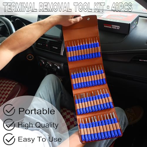 48 Pcs Terminal Removal Tools with Leather Case, Depinning Tool Kit - color: Blue