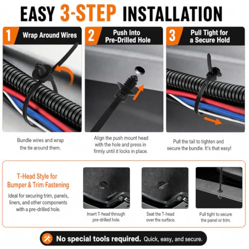 70 PCS Push Mount Zip Ties, Flame Retardant PA66 Nylon Cable Ties, 6 Types Push Pin Zip Ties and 1 Type T-Head Tie, Automotive Wire Harness Clips, Christmas Tree Fasteners, Black