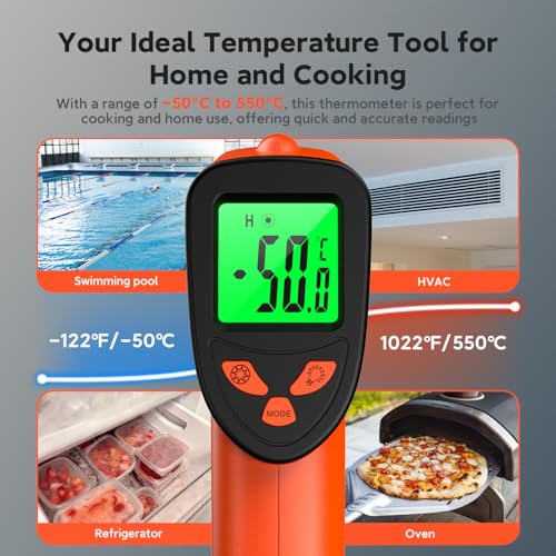 Infrared Thermometer Gun, -58°F to 1022°F, 12:1 Non-Contact | Fast Surface Temperature Reading，12:1 Non-Contact Measurement，Ideal for Cooking & Home Repairs - color: Orange/-58°F to 1022°F