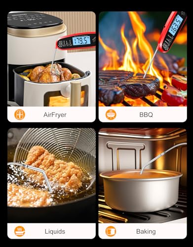 Instant Read Meat Thermometer Digital with Dual Probe, Food Thermometer for Cooking & Grilling, Large Backlit & Calibration, for Kitchen/Oven/Grill/Smoker/BBQ/Candy/Oil Fry, Gifts for Men & Dad - color: Red