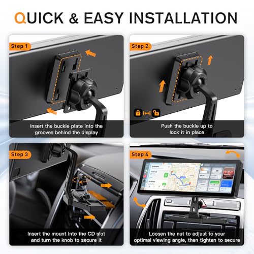 Extended Arm CD Slot CarPlay Screen Mount – Higher Viewing Position for Better Visibility, Extra Clearance for Various Dashboard Layouts, Compatible with 7"–10.26" CarPlay Displays - color: Black - Extended