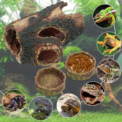 3 pcs Large Reptile Hide Cave Set with Food & Water Bowls. Natural Resin Hollow Tree Trunk Hideout. Reptile and Fish Tank Accessories for Geckos, Lizards, Snakes and Hermit Crabs