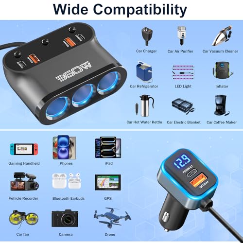 Qidoe 9 in1Cigarette Lighter Splitter,360W 3 Socket Car Charger Adapeter,3*PD&QC 108W,12V/24V Car Socket Adapter with Independent Switches & LED Voltage Display for All Car Devices