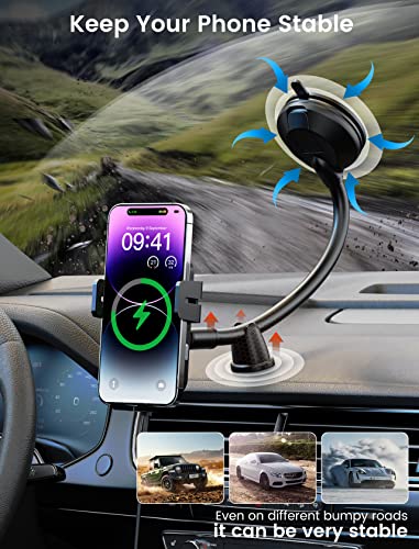 Wireless Car Charger, MOKPR 15W Fast Charging Car Mount Auto-Clamping Car Charger, Dashboard Windshield Phone Holder Compatible with iPhone 16 15/14/13/13 Pro/12 Pro12/11/X, Samsung S23/S22/S10/S9/S8