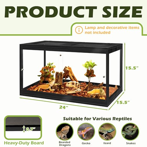 PROLEE Reptile Tank, 31 Gallon Beard Dragon Tank, Tempered Glass Reptile Encloure and Snake Tank with Locking Design for Lizard,Gecko,Chameleon (24"X15.5"X15.5",Black) - color: Black, size: 31 Gallon (24x15.5x15.5 Inch)