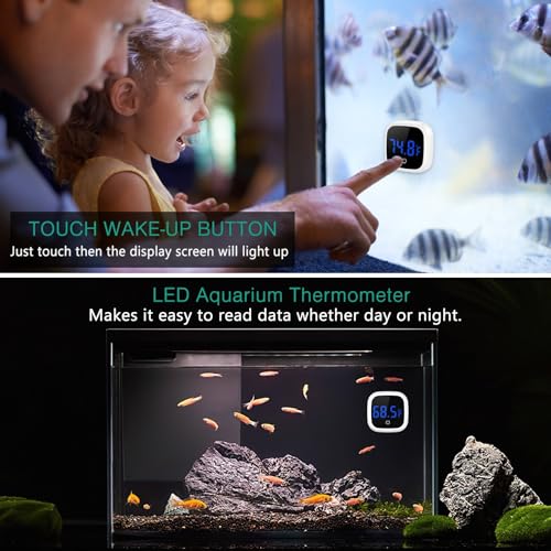 ORIA Digital Aquarium Thermometer, Stick-on LED Fish Tank Thermometer, Mini Aquarium Thermometer with 0.18°F Accuracy, Touch Button, Battery, for Fish, Reptile, Axolotl, Salt/Fresh Water