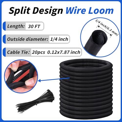 30ft - 1/4in Split Braided Sleeve Cable Management, Self-Wrapping - size: 1/4inx30ft