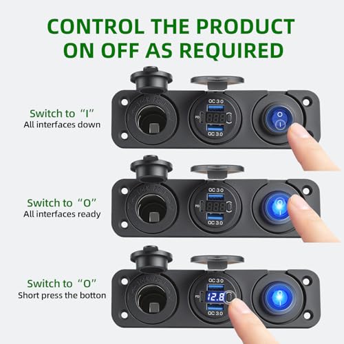 12V 3 in 1 Waterproof Cigarette Lighter Socket, Dual QC3.0 USB and PD3.0 Type‑C Fast Charger Ports, Digital Voltmeter and Switch for Car Marine Boat RV Truck ATV