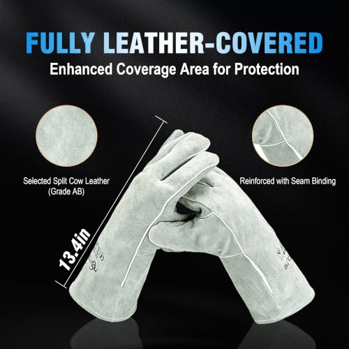 Long Welding Gloves 23.6 Inches 932℉,Heat/Fire Resistant Leather For Mig, Tig, Stick, Forge, BBQ, Grill, Fireplace - color: 14in White