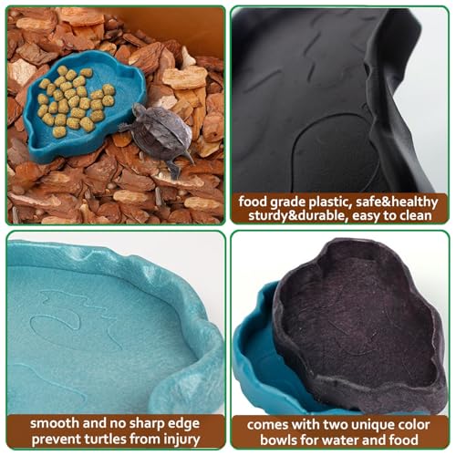 3pcs Tortoise Water Dish with Ramp Turtle Food Water Bowls Rock Reptile Water Dish Tortoises Habitat Accessories Turtle Reptile Bathing Pool (Grey)