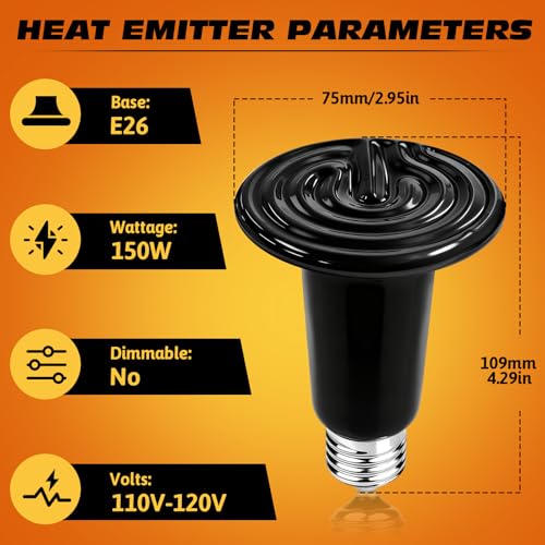 150W Ceramic Heat Emitter Reptile Heat Bulb E26 Base Heat Lamp Bulbs No Light Heat Lamp for Amphibian Pet Brooder Coop Lizard Turtle Snake Terrarium - style: 150 Watts