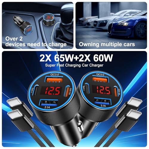 4-Port USB C Car Charger Fast Charging,2Pack 65W Car Phone Charger Adapter - color: Black