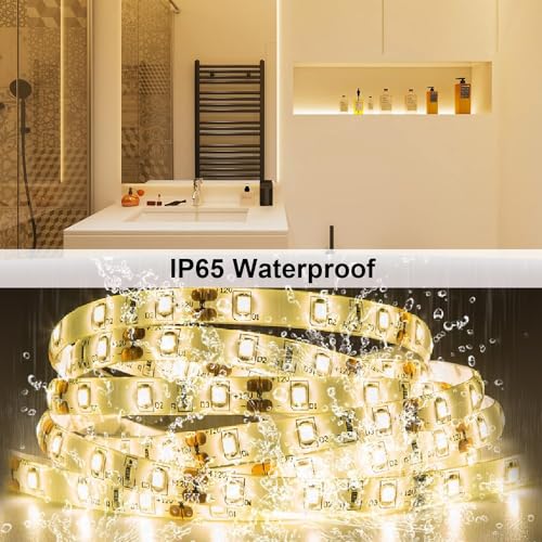 Water-Resistance IP65, 12V Waterproof Flexible LED Strip Light, 16.4ft/5m Cuttable LED Light Strips, 300 Units 3528 LEDs Lighting String, LED Tape(Warm White), Power Adapter not Included - color: 1*16.4ft 3528 Warm White