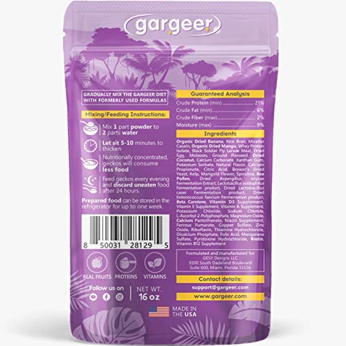 Gargeer 16oz Complete Crested Gecko Food Diet. Premium Mix, Ready to Use Freshly Made Powder. Unique Formula, Developed & Made in the USA. Enjoy! (Tropical + Insects Protein) - size: 1 Pound (Pack of 1)