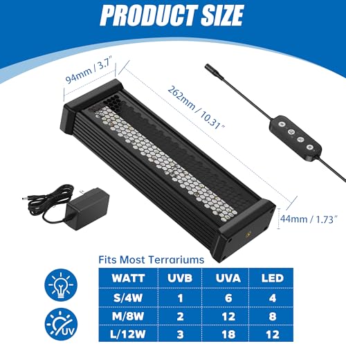 Reptile UVB Light & Heater Lamp, 10in Aluminum UVA UVB LEDfor Rainforest and Desert Reptiles, Geckos, Chameleons and Bearded Dragons, Adjustable 6/10/12H Timer, Dimmable with 3 Lighting Modes - size: 10inch