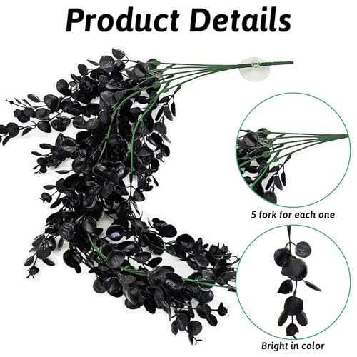 Hamiledyi 6 PCS Reptile Plants, Hanging Terrarium Plants, Artificial Leaves Habitat Decorations with Suction Cup, Fake Amphibian Plants for Bearded Dragon Lizard Hermit Crab Geckos Chameleon(Black) - size: 6 PCS