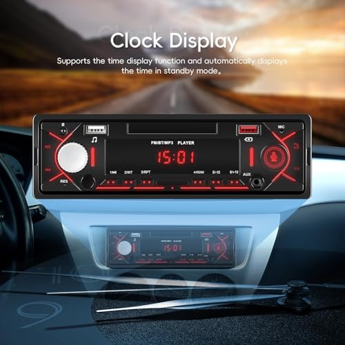 Single Din Car Stereo with Bluetooth 5.0 Hands Free Calling Digital Car Stereo Receiver FM Radio Car Mp3 Player Audio Multimedia System with 2 USB/AUX FM Radio USB Quick Charge LCD Digital Display