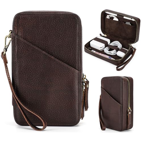 Electronic Organizer Case Tech Kit, Top Grain Leather Handmade, Portable Compact Travel Electronic Accessories Storage Case Fits Phone, USB Cables, Chargers, Hard Drive, Cards, Apple pencil - color: Vintage Coffee -【Lychee Grain Leather】